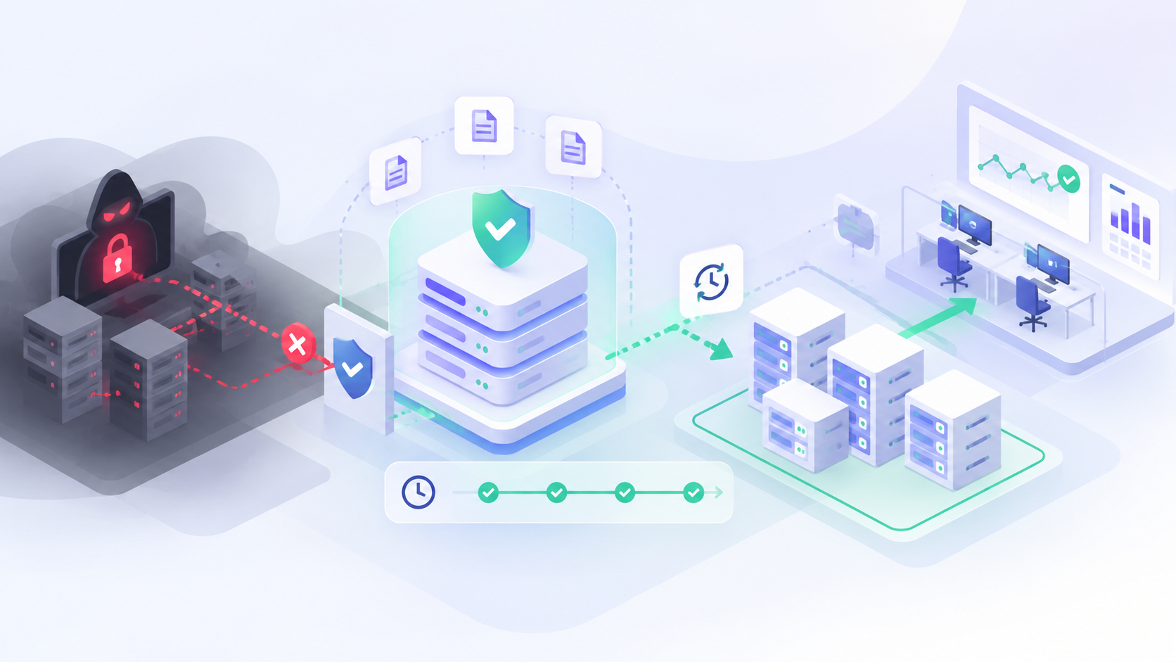 Ilustración isométrica sobre Backups ante ransomware: cómo saber si realmente podrás recuperar
