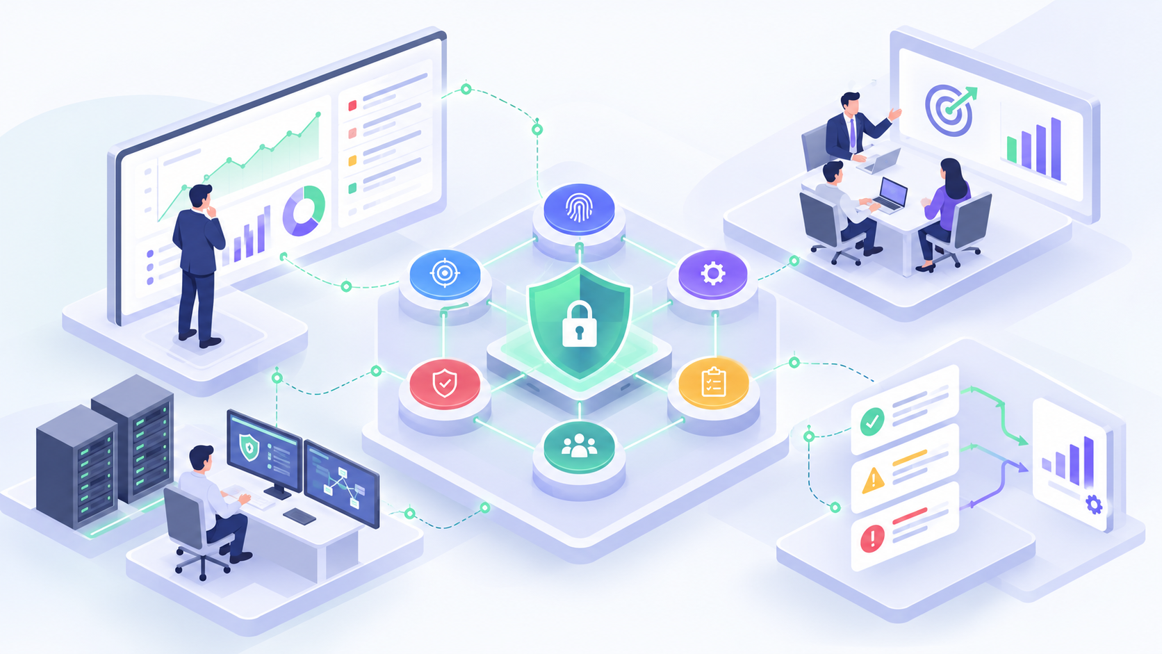 Ilustración isométrica sobre NIST CSF 2.0 para gerentes de TI: convertir riesgos en decisiones