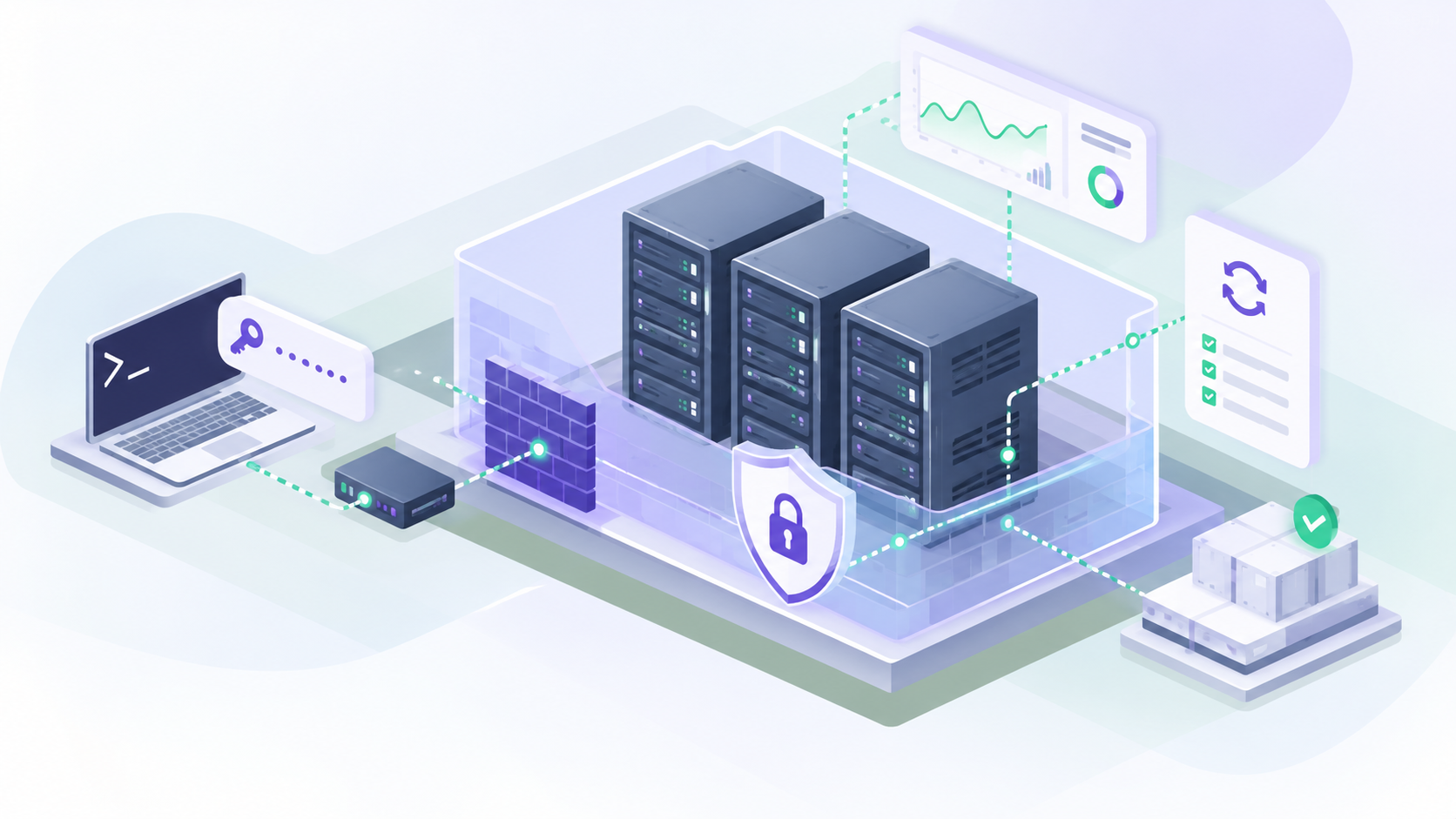 Ilustración isométrica sobre Seguridad en Debian: controles básicos antes de exponer un servidor