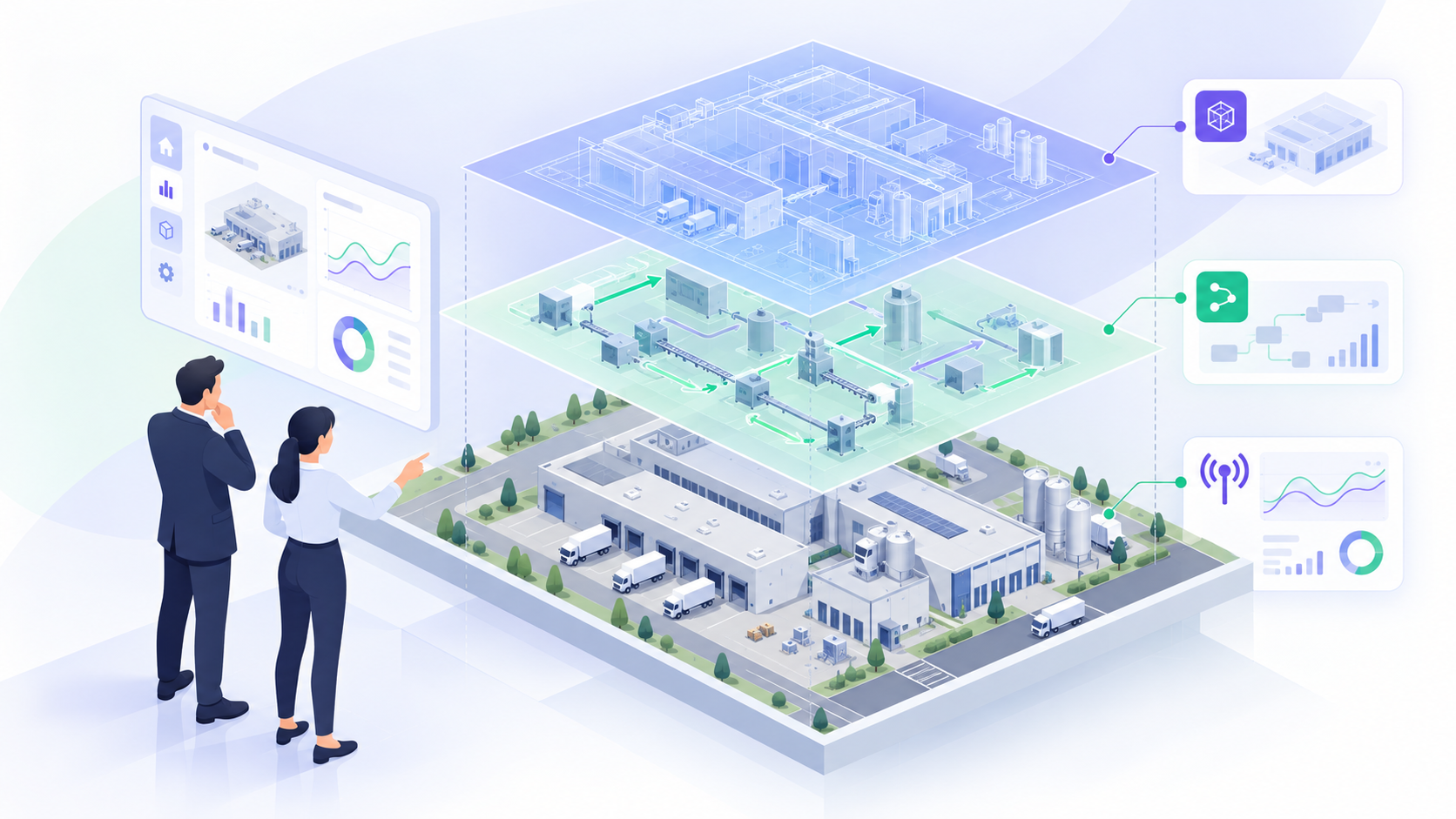 Ilustración isométrica sobre Qué es un gemelo digital industrial y qué no lo es