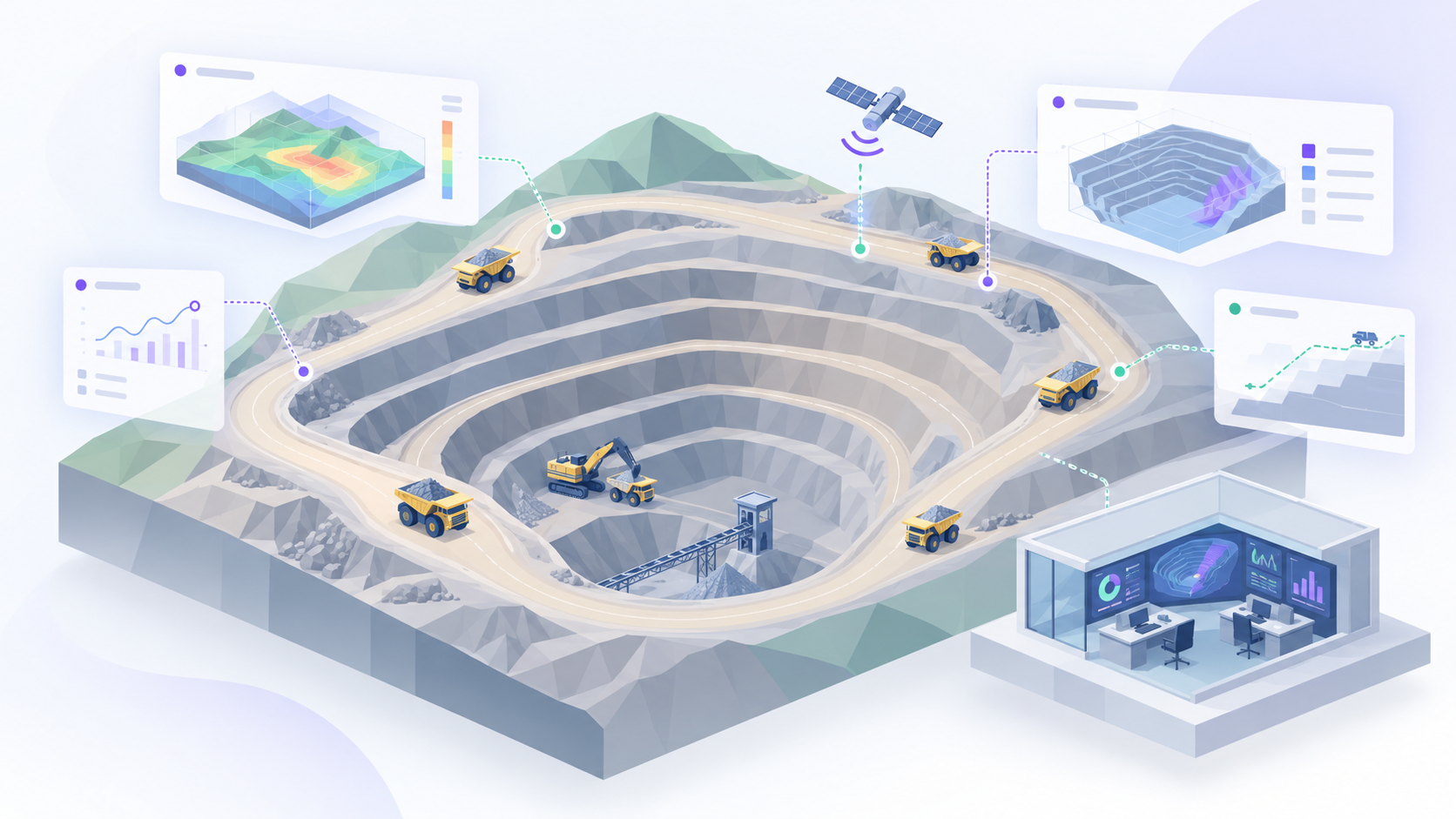 Ilustración isométrica sobre Gemelo digital de minería: rajo 3D, caminos y escenarios operacionales