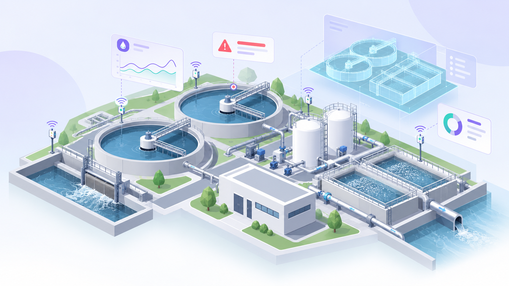Ilustración isométrica sobre Gemelos digitales para tratamiento de agua: sensores, alarmas y contexto