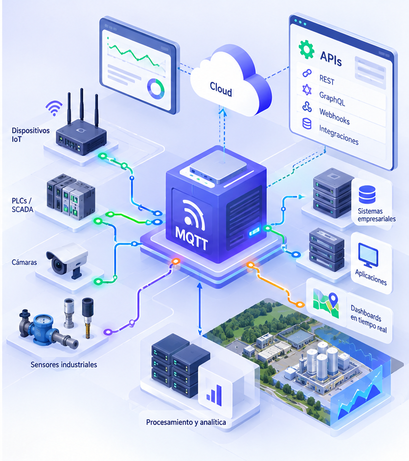 Ilustración isométrica sobre Cómo conectar sensores MQTT y APIs con un gemelo digital